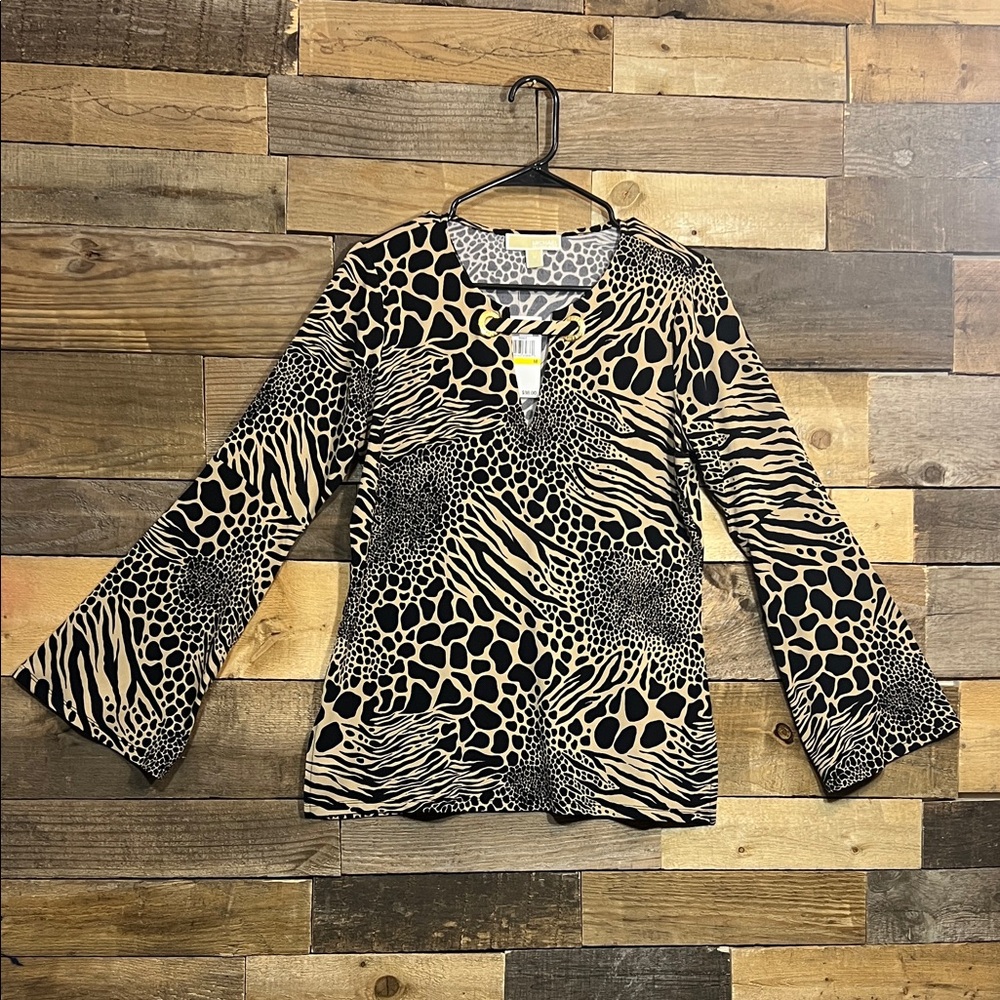 Michael Kors Black and Tan Animal Print Blouse